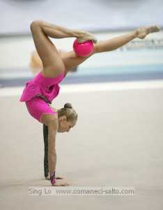 Inna Zhukova handstand with feet playing with ball - Deventer Grand Prix 2006 Rhythmic Gymnastics