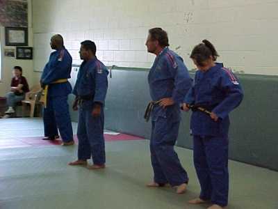 Coach Raul Tamayo and black belts at blind judo kids clinic, KRON 4 News Taping - April 2004