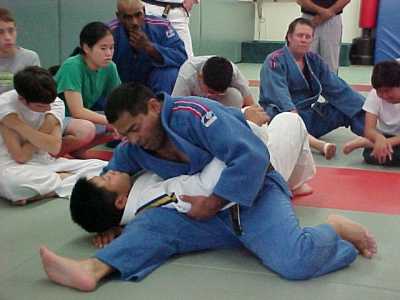 Coach Raul Tamayo demo with Jimmy, blind judo kids clinic, KRON 4 News Taping - April 2004