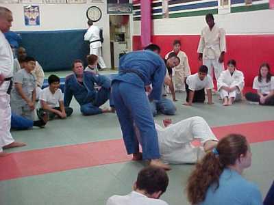 Coach Raul Tamayo grappling technique demo with Jimmy, blind judo kids clinic, KRON 4 News Taping - April 2004