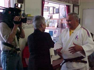 Coach Willy Cahill interview with reporter Ysabel Duran at blind judo kids clinic, KRON 4 News Taping - April 2004