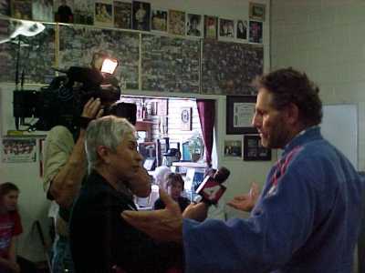 Sensei Pat Barre talking with reporter Ysabel Duran at blind judo kids clinic, KRON 4 News Taping - April 2004